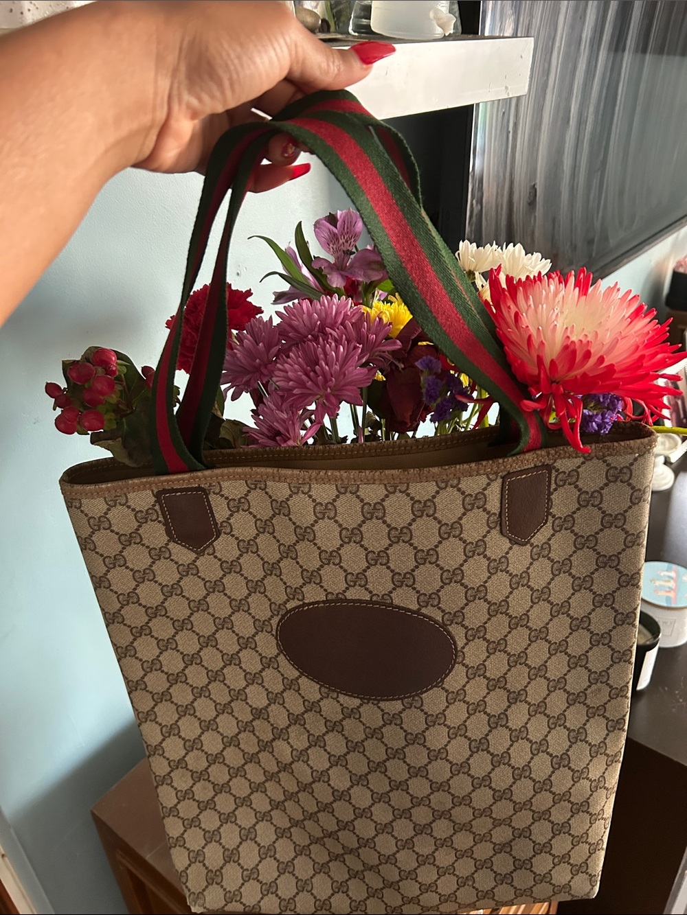 Gucci Beige/Brown Tote with Green and Red Web Handles